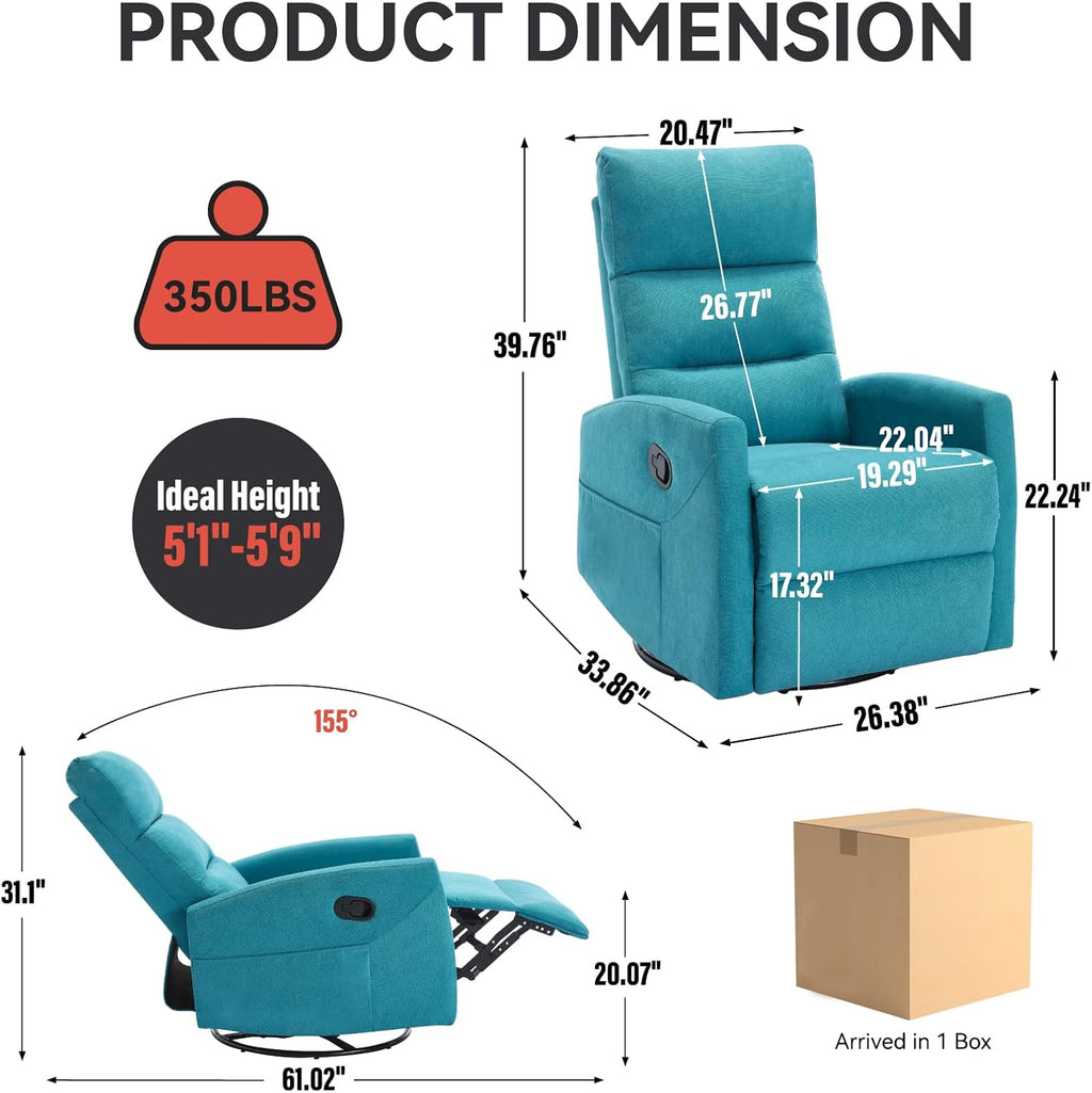 PELUMY Manual Recliner Chair, 360° Swivel Glider and Rocker Recliner with 155° Recline, Compact Fabric Recliner for Small Space, Nursery, Living Room, Bedroom, No Tools Assembly (Blue)