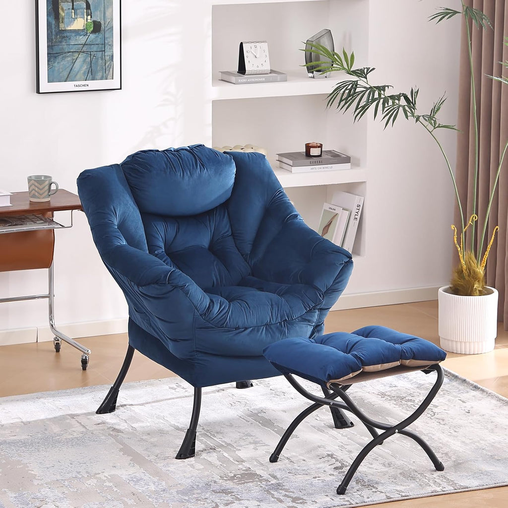 MBOOYOME Lazy Chair with Folding Ottoman, Modern Accent Armchair with Armrests and a Side Pocket & Foldable Footstool, Reading Chair for Living Room, Bedroom, Dorm & Office, Royal Blue