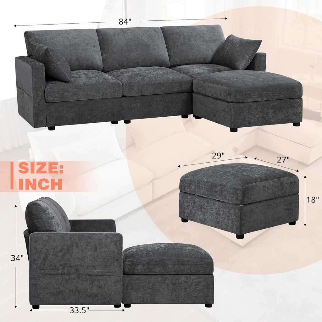 84' Chenille 3-Seats Sofa W/Movable Ottoman, Modern Fabric L-Shaped Couch w/Soft Backrests, Upholstered Sectional Sofa w/Arm Pillows for Living Room, Office, Grey