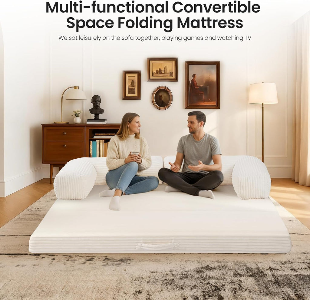 Tri-Fold Foldable Mattress, Convertible Folding Sofa Bed with Removable Arms & Washable Cover, All-in-One Portable Mattress Floor Sofa Bed, No Assembly Required & Non-Slip, Queen Size, Beige