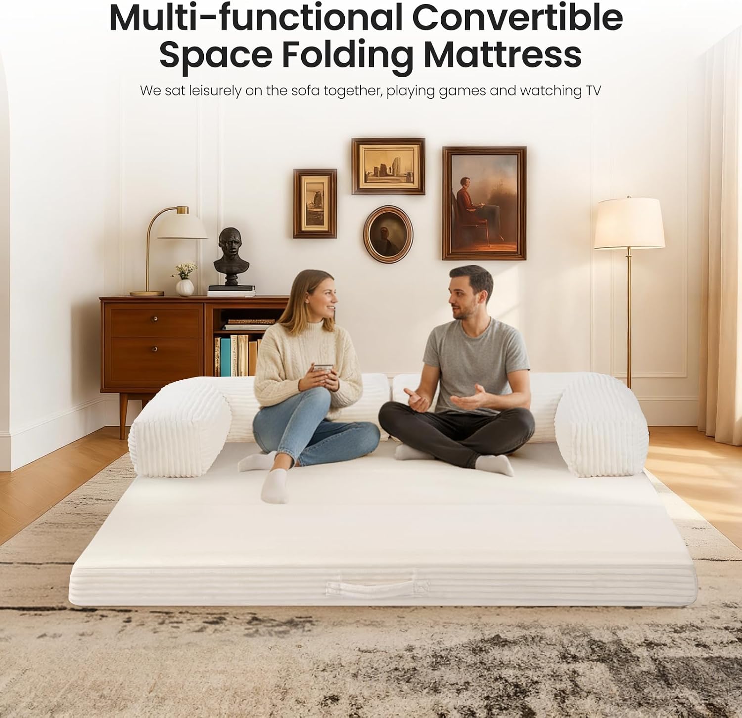 Tri-Fold Foldable Mattress, Convertible Folding Sofa Bed with Removable Arms & Washable Cover, All-in-One Portable Mattress Floor Sofa Bed, No Assembly Required & Non-Slip, Queen Size, Beige