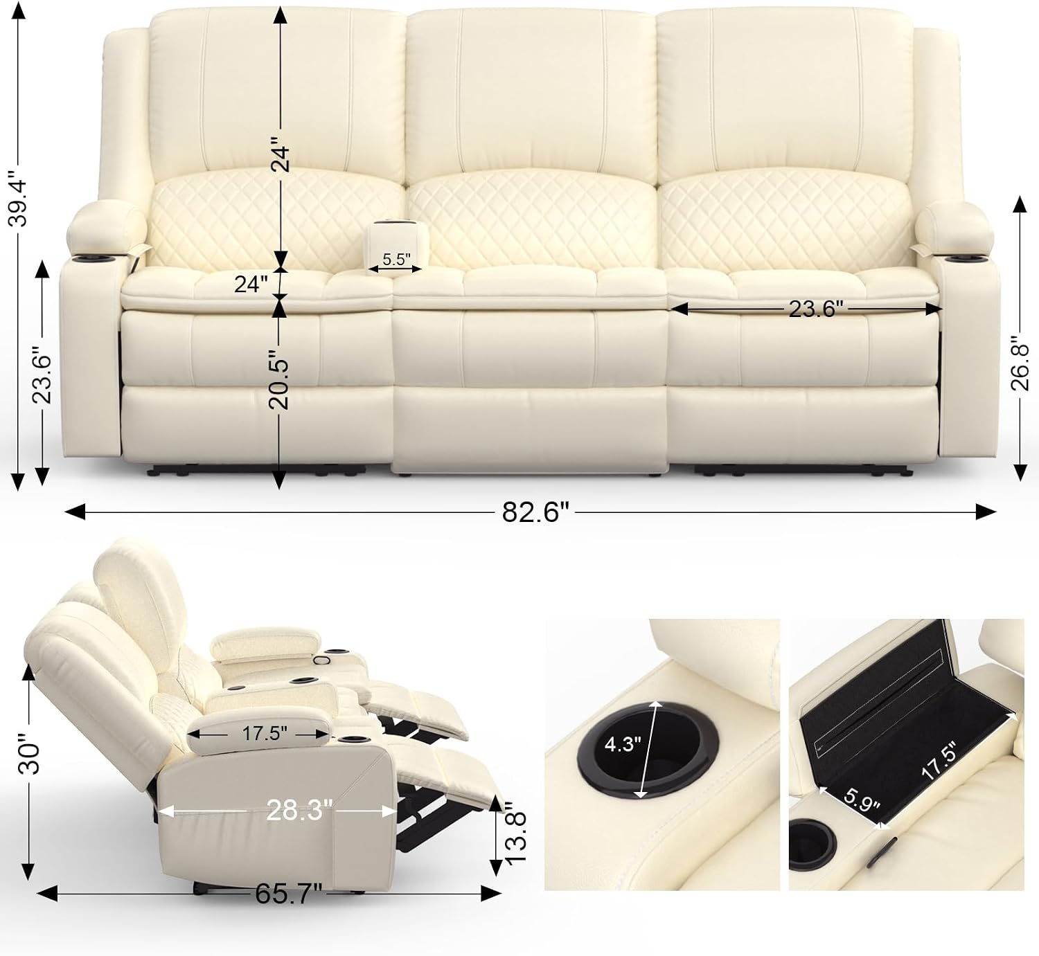 Yolsali 3-Seater Recliner Sofa, Manual Reclining Couch with Multi-Functional Middle Seat, Reclining Sofa for Living Room with Hidden Storage Space, Cup Holders, and Removable Console