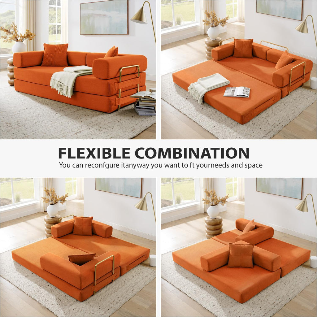 4-in-1 Folding Convertible Sofa Bed, 78 Inch Boneless Couch with Fixed-Shape Frame, Corduroy Loveseat Sleeper with Pull Out Bed, Floor Sofa Modular Futon Couch for Living Room Bedroom Lounge (Orange)