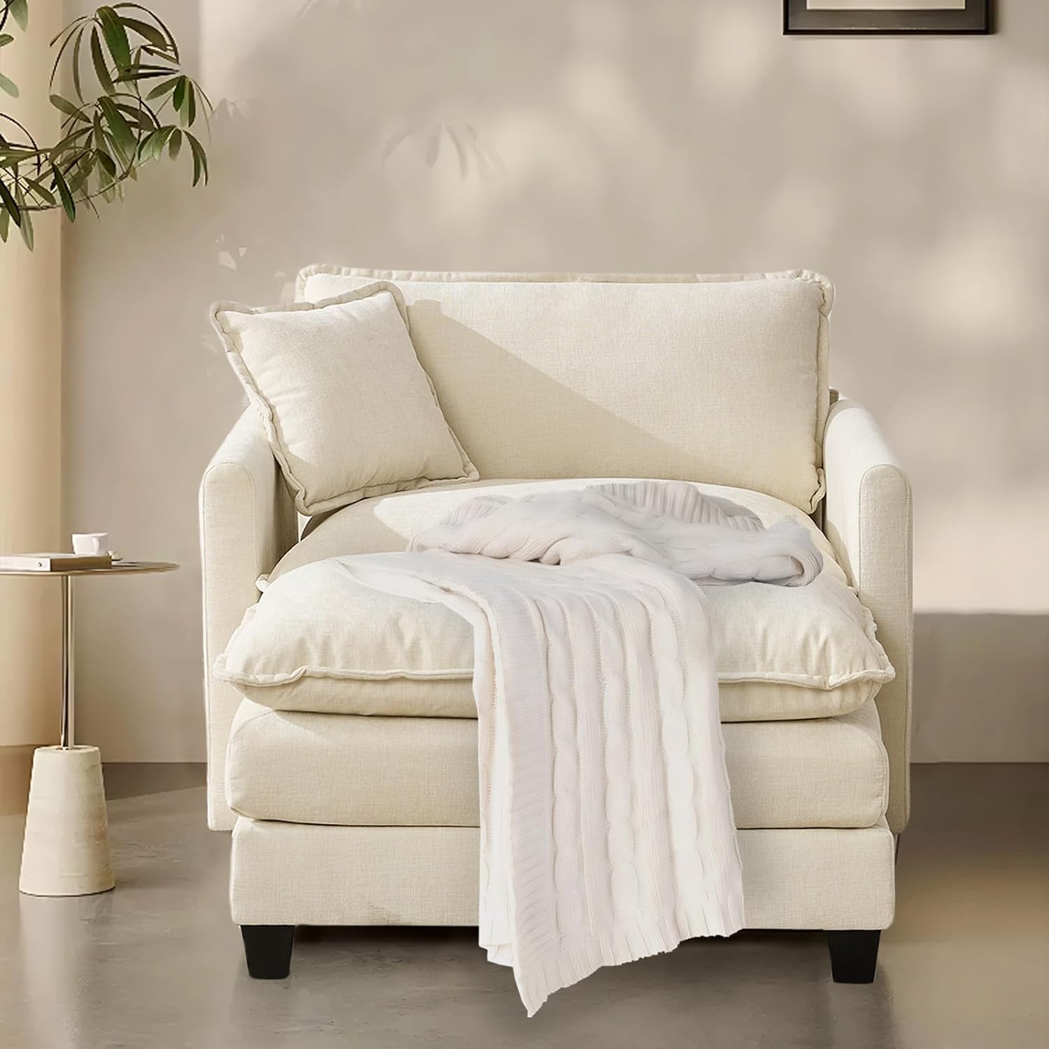 SoarFlash Chenille Sectional Sofa, Comfy Modular Single Sofa with Ottoman, Modern Recliner Deep Seat Sofa Set for Living Room,Beige