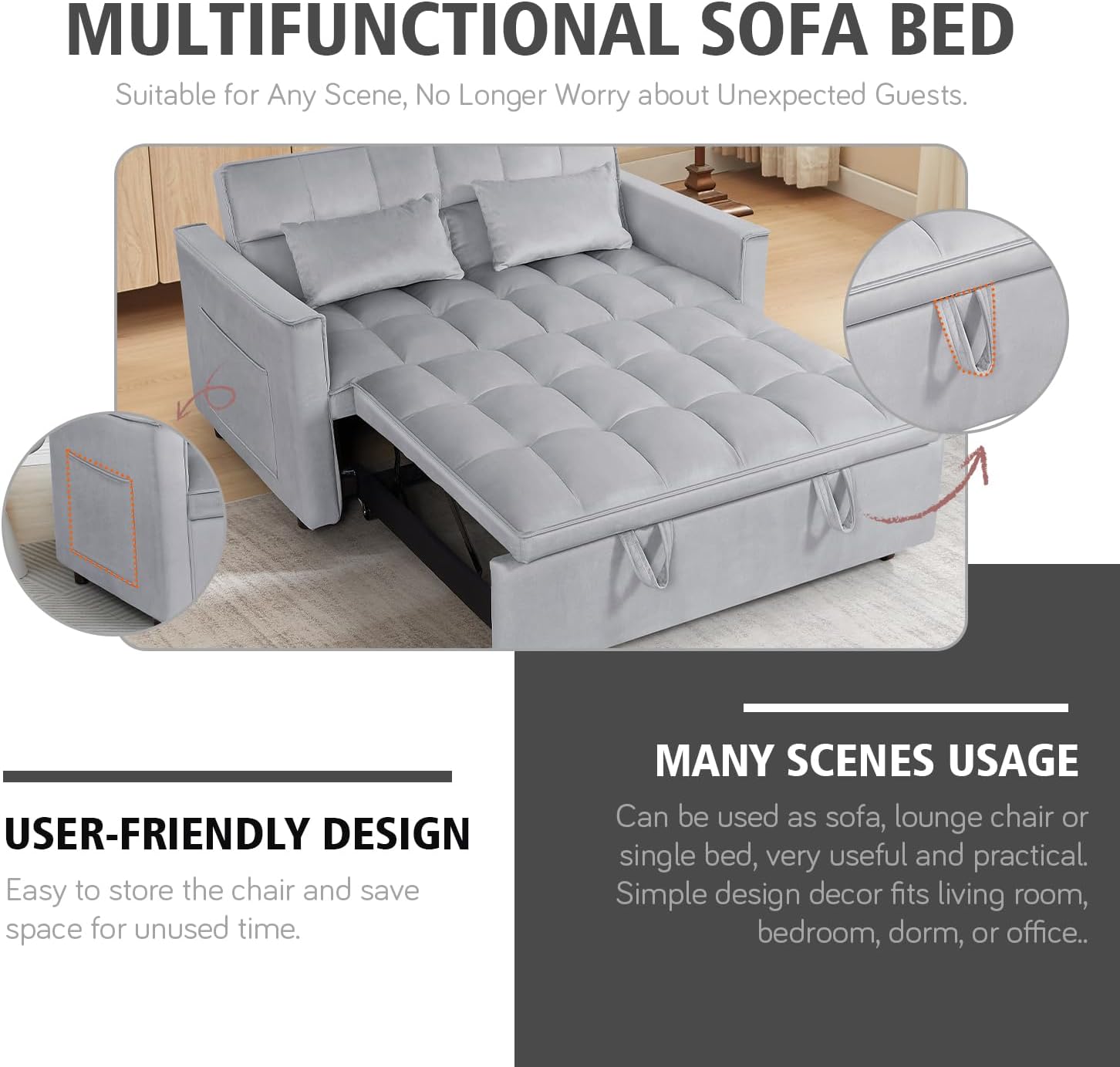 3 in 1 Convertible Sleeper Sofa Bed, 54'' Full Size Velvet Pull Out Futon Couch Recliner with Reclining Backrest & 2 Pillows, Small Loveseat Lounge Couches for Small Spaces (Silver Grey)