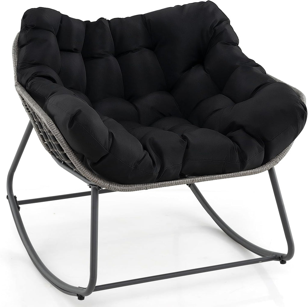 Giantex Outdoor Rocking Chair with Padded Cushion, Oversized Papasan Chair, PE Rattan, Egg Rocker for Reading, Front Porch, Garden, Patio, Backyard (1,Black)
