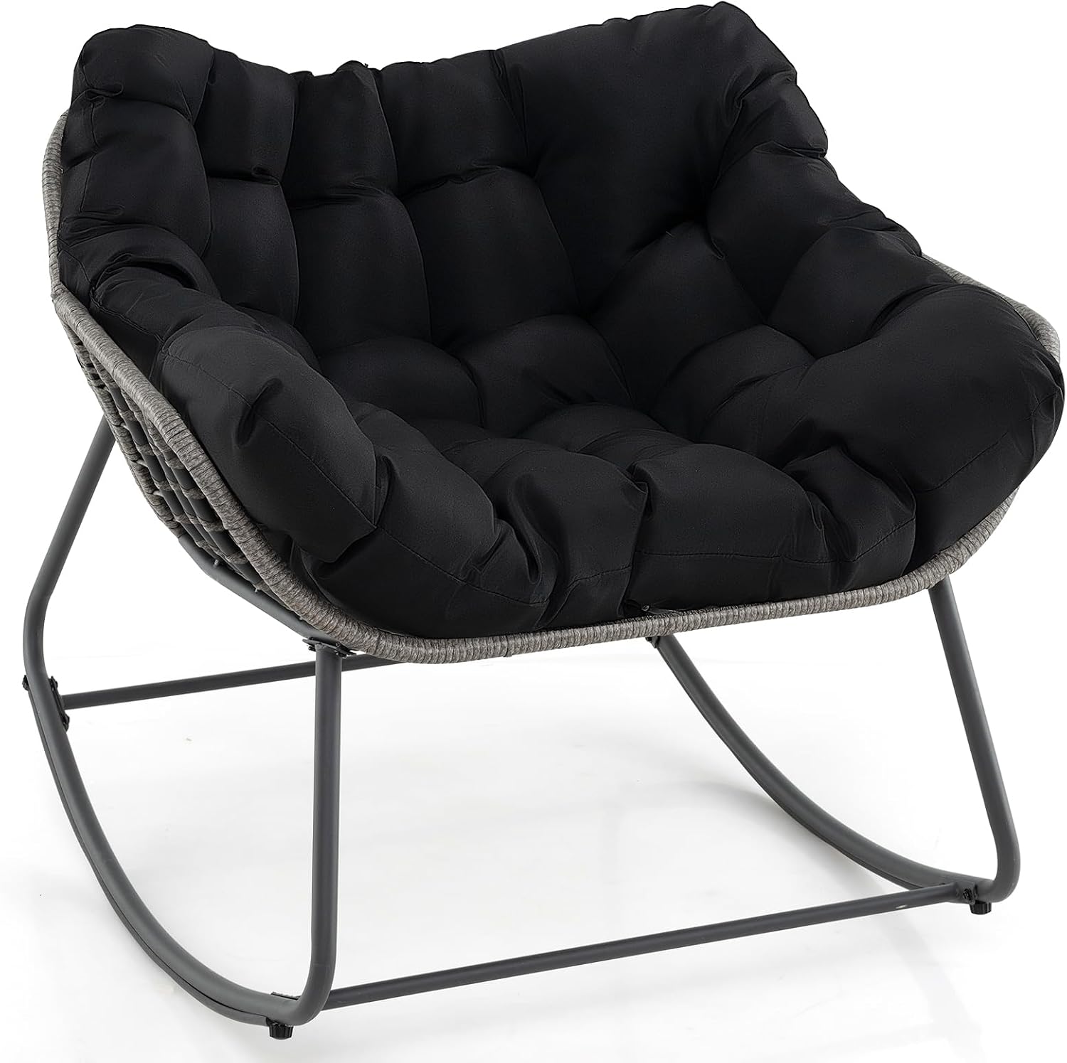Giantex Outdoor Rocking Chair with Padded Cushion, Oversized Papasan Chair, PE Rattan, Egg Rocker for Reading, Front Porch, Garden, Patio, Backyard (1,Black)