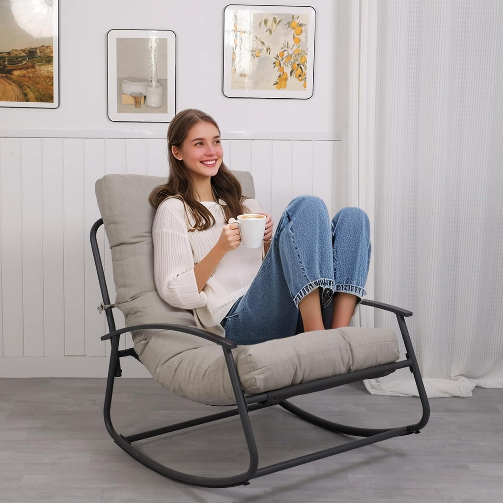GLORY PATIO Cozy Papasan Rocking Chair with Thick Cushion, Indoor & Outdoor for Front Porch, Garden, Backyard (Rocking chiar, Light Gray)