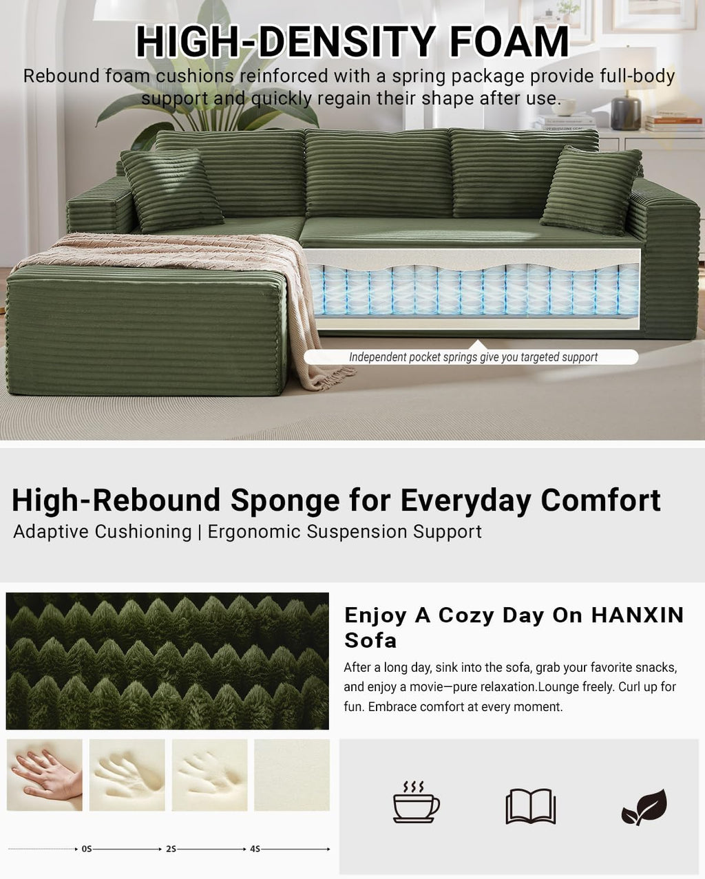 Cloud Sectional Couch,105 Inch Modern Modular Sectional Sofa with Deep Seat,Corduroy Boneless Couches with L-Shape Chaise for Living Room Bedroom,No Assembly Required (Green, Left Facing Chaise)