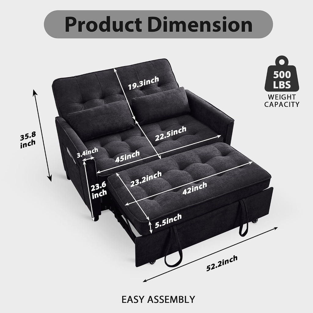 Convertible Sofa Bed, 3 in 1 Pull Out Couch, Loveseat Sleeper with Adjustable Backrest, Living Room Sofa with Two Pillows | Side Pocket | Fabric | USB Charging Port | Midnight Black