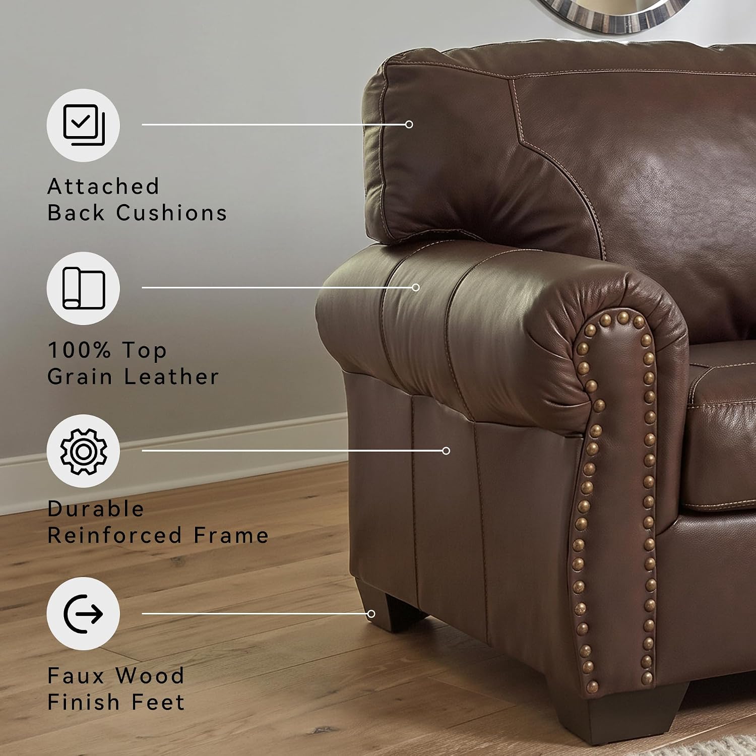 Signature Design by Ashley Colleton Classic Leather Match Sofa with Nailheads, Dark Brown