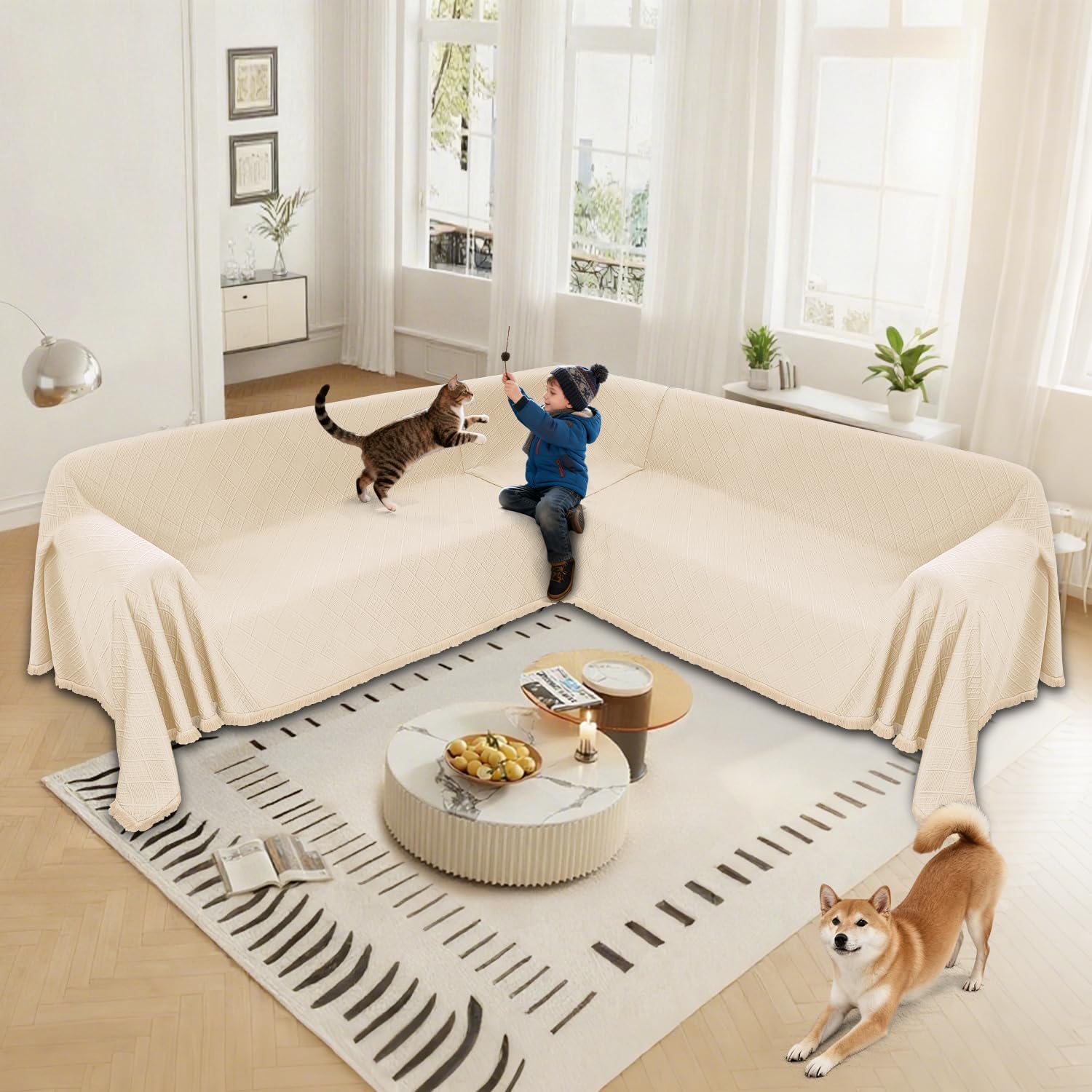 Waterproof Sectional Couch Covers Sectional Sofa Cover L Shaped Corner Sofa Slipcovers Blanket for Dogs Pets Washable Jacquard Quilted L Shape Furniture Protector (75x252 in, Beige)