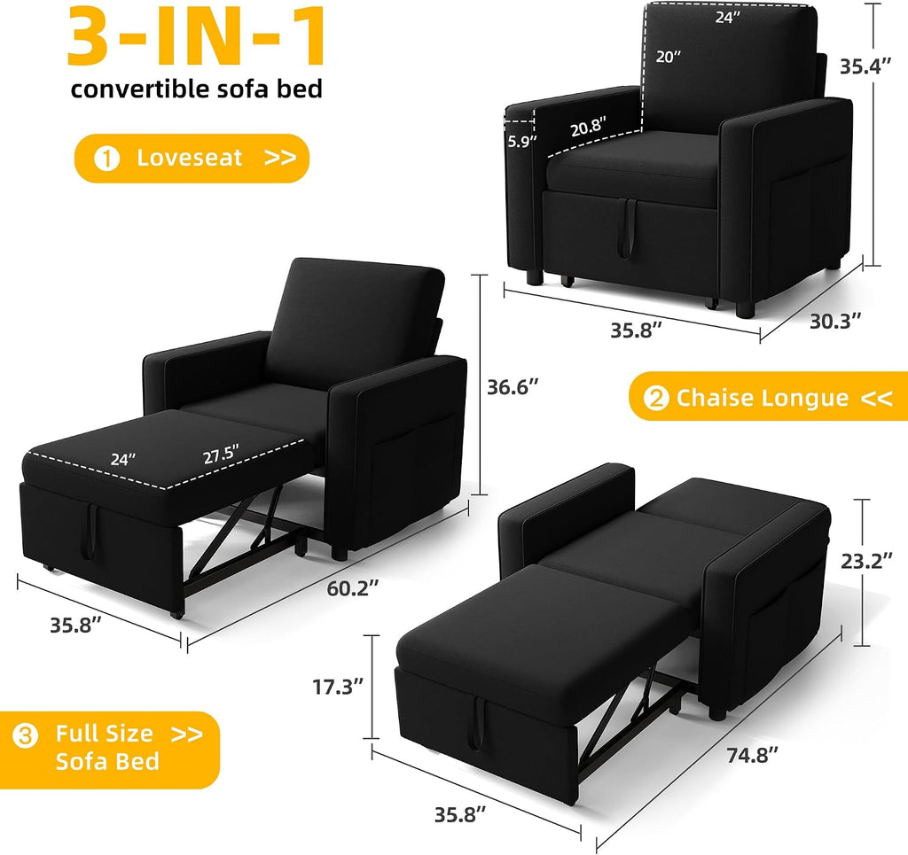 DWVO Convertible Sleeper Chair, 3-in-1 Sofa Bed with Reclining Backrest, 75' Single Sleeper Couch with Pull-Out Bed and Wide Armrest, Linen Futon Sofa for Dorm Apartment, Black