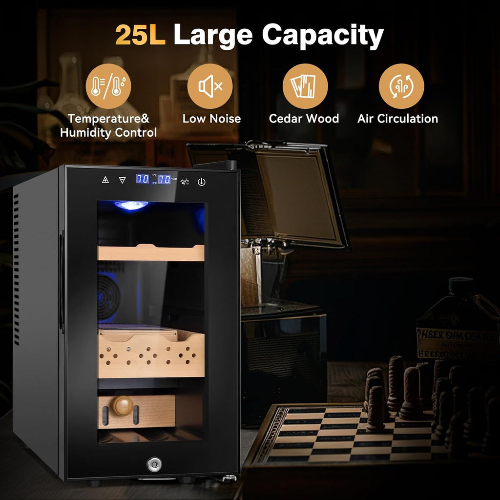 Electric Cooler Cabinet 25L with Temperature and Humidity Control, Spanish Cedar Wood Shelves and Safety Lock (200 Counts Capacity), Gift for Men