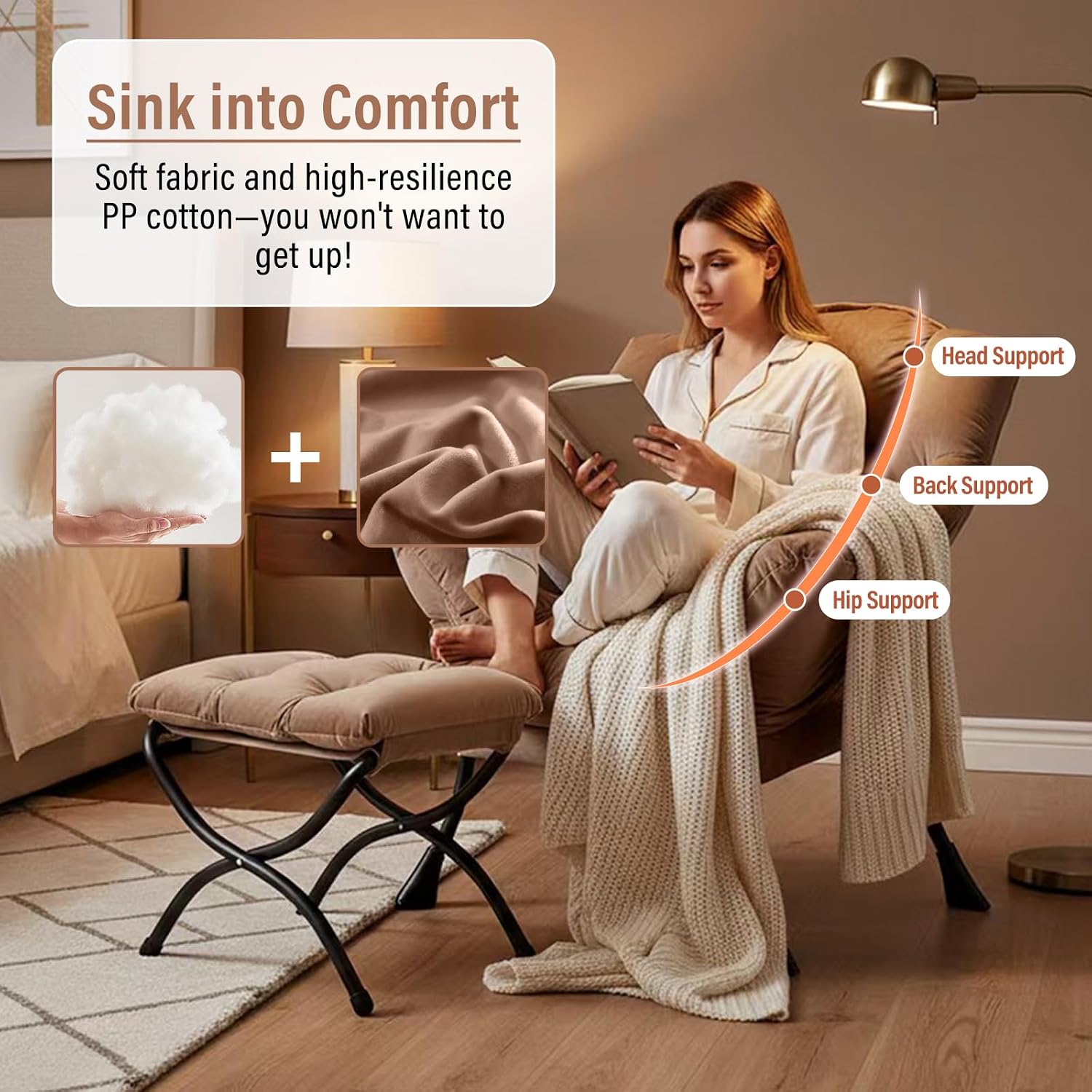 Furlide Lazy Chair with Ottoman, Modern Accent Chair with Armrests and a Side Pocket, Velvet Khaki Accent Chairs, Reading Chairs, Oversized Armchairs for Bedroom, Study, Living Room, Courtyard