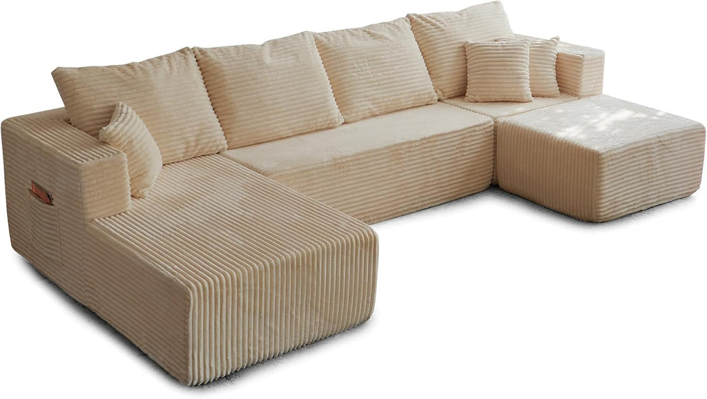 133' Modular Sectional Sleeper Sofa, Modern Cloud Sectional Sofa Couch with Ottoman and Storage, U Shape Boneless Couches for Living Room, Free Combination, No Assembly Required,Beige
