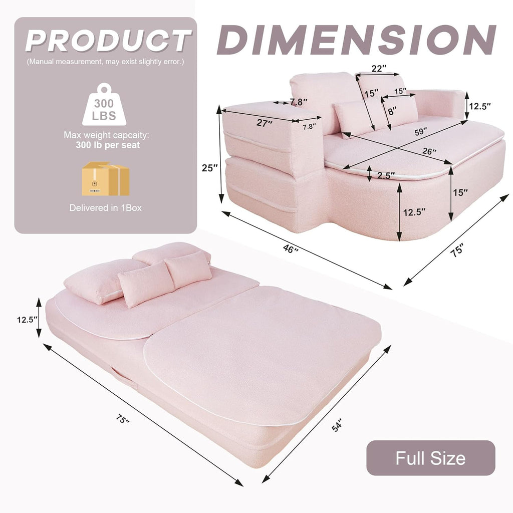 75'' Folding Sleeper Sofa Bed, Convertible Memory Foam Boneless Couch, Foldable Full Size Guest Bed, Modern 2-in-1 Futon Floor Sleeper Sofa with 4 Pillows and Blanket (Teddy, Pink2)