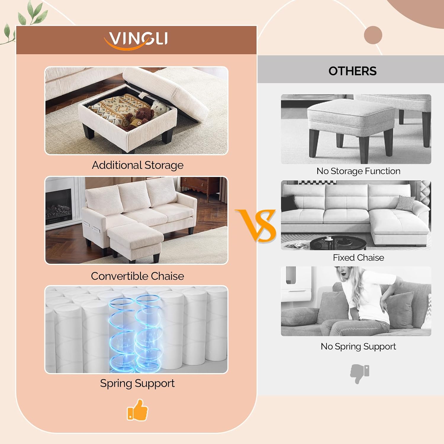 VINGLI 68.5' L Shaped Couch with Movable Storage Ottoman, Convertible Sectional Sofa in Soft Corduroy Fabric, Modern Reversible Chaise Couch for Small Spaces, Apartment, Living Room，Cream White