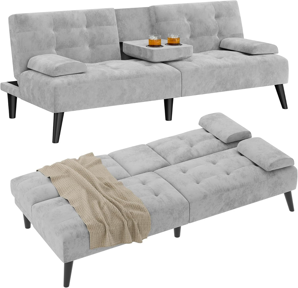 Shintenchi Futon Sofa Bed, Velvet Foldable Couch Reclining Sleeper w/Removable Armrests, Upholstered Loveseat w/Folding Cup Holders for Home, Office, Light Gray