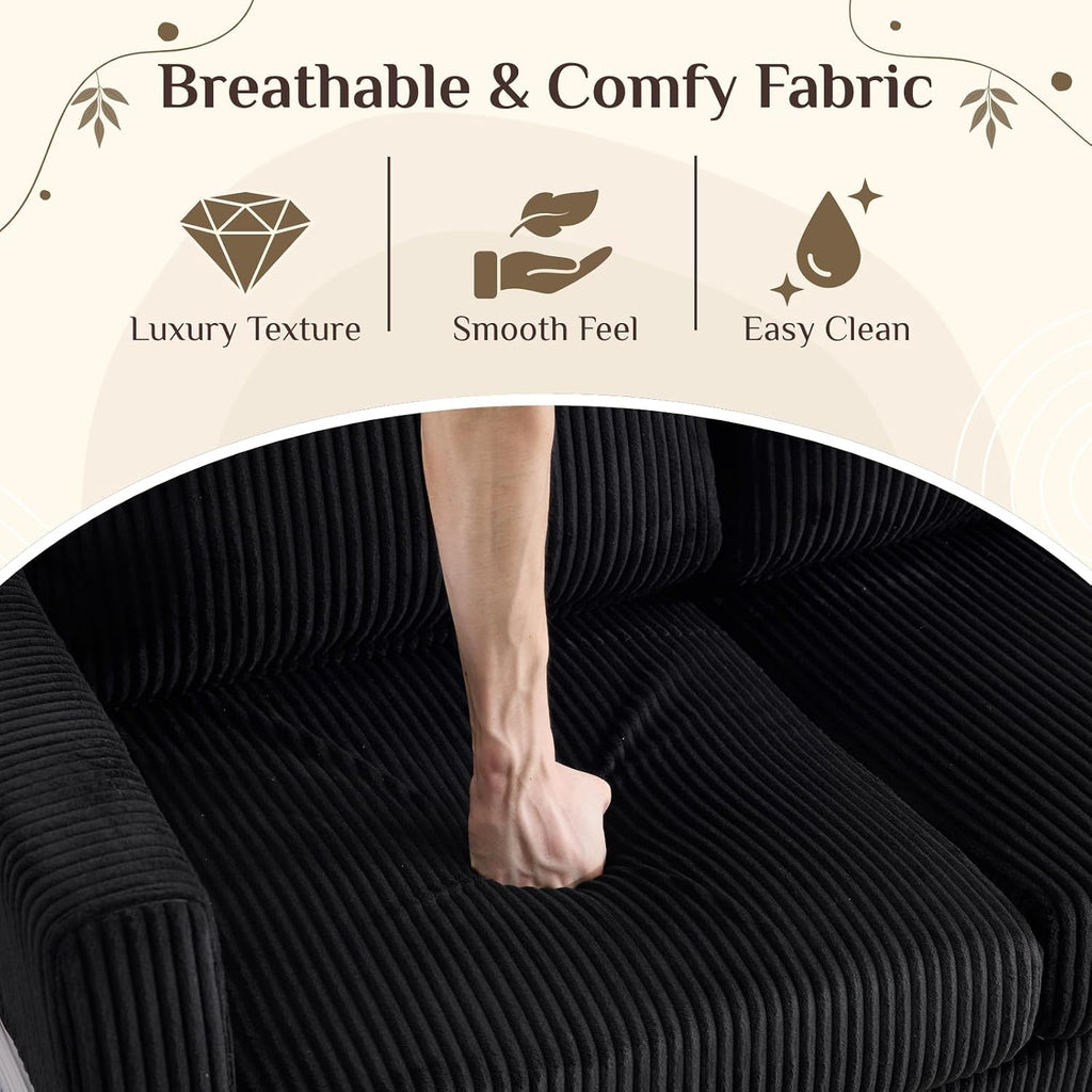 Karl home Small Sectional Couch L Shaped Sofa with Movable Storage Ottoman Corduroy Upholostered Sofa Chaise with Side Pockets for Living Room, Apartment, Studio, Black