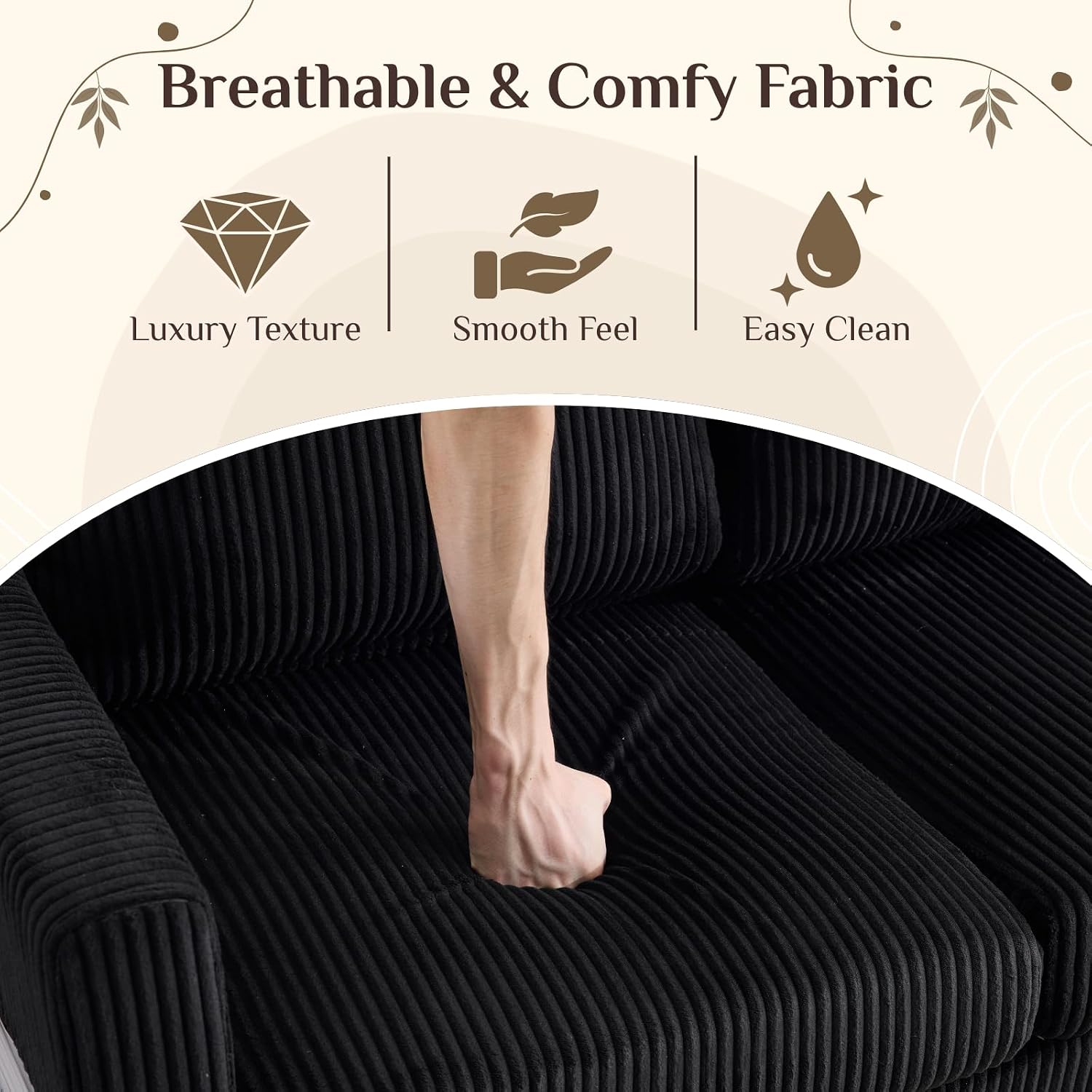 Karl home Small Sectional Couch L Shaped Sofa with Movable Storage Ottoman Corduroy Upholostered Sofa Chaise with Side Pockets for Living Room, Apartment, Studio, Black