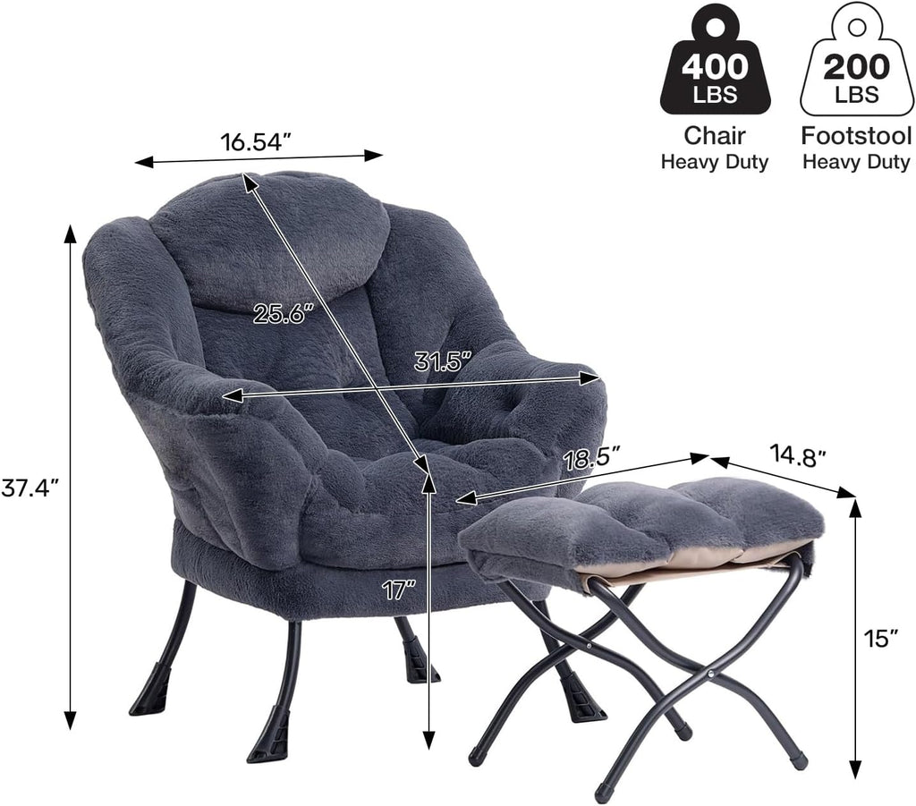 HollyHOME Lazy Chair with Foldable Ottoman, Accent Comfy Lounge Armchair and Folding Footrest Stool, Leisure Sofa Reading Chair and Footstool for Living Room, Bedroom, Dorm,Faux Fur Navy Blue