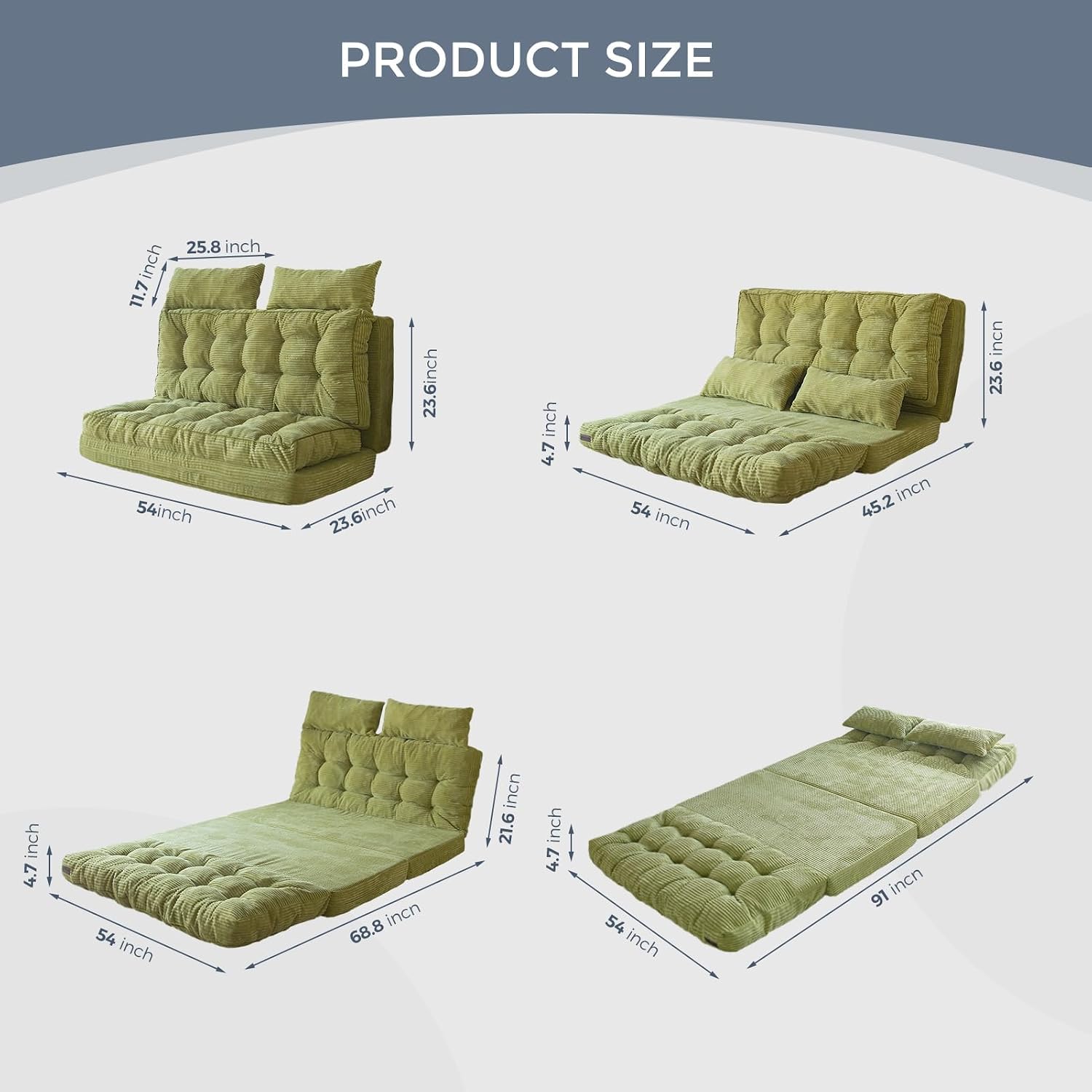 MAXYOYO Folding Sofa Bed, Tufted Bean Bag Bed with Pillows Floor Mattress for Adults, Extra Thick and Long Floor Sofa, Full Floor Couch Bed for Bedroom Living Room, Green, 54x91 Inch