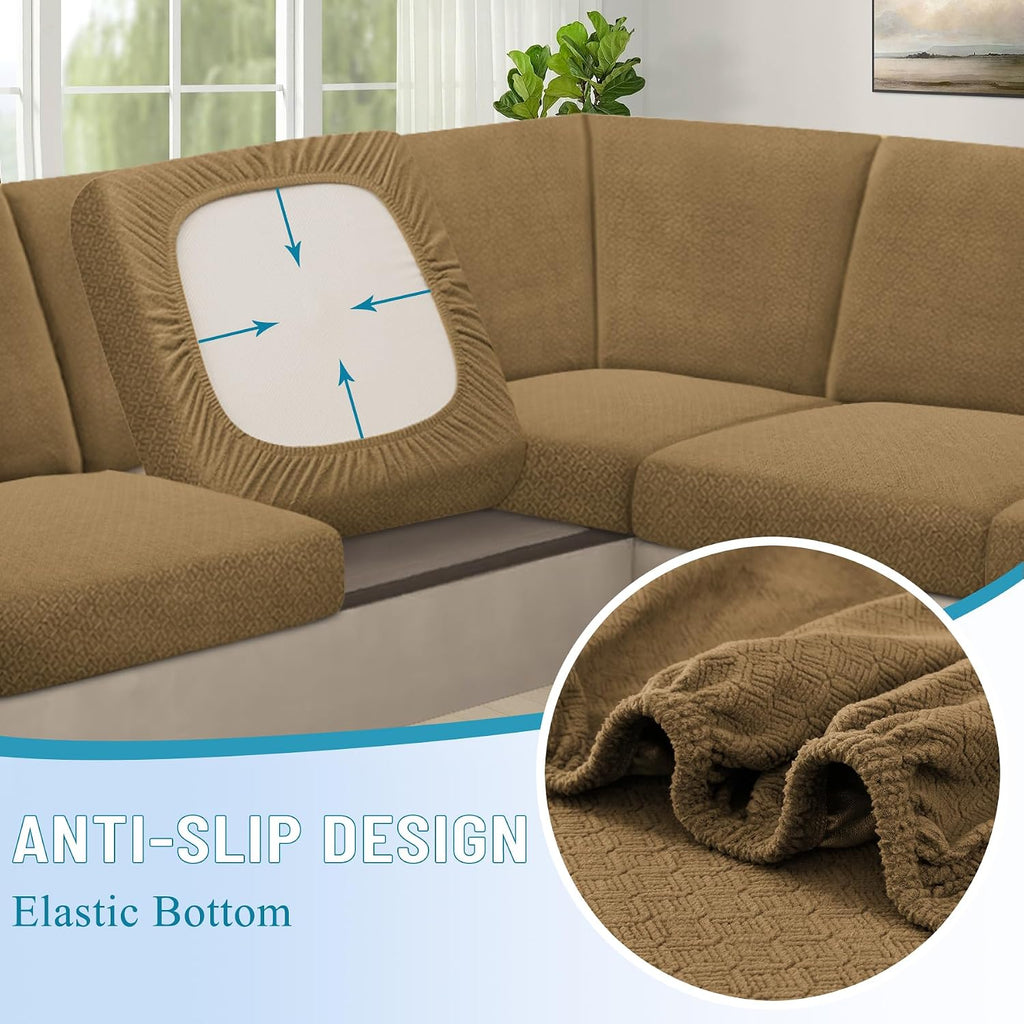 HDCAXKJ Waterproof Sectional Couch Cushion Covers 11 Pieces Stretch Jacquard L Shaped Corner Sofa Slipcover Back Cover Soft Sofa Seat Cushion Covers for Dogs Pet (5 Seater and 6 Backrest, Brown)