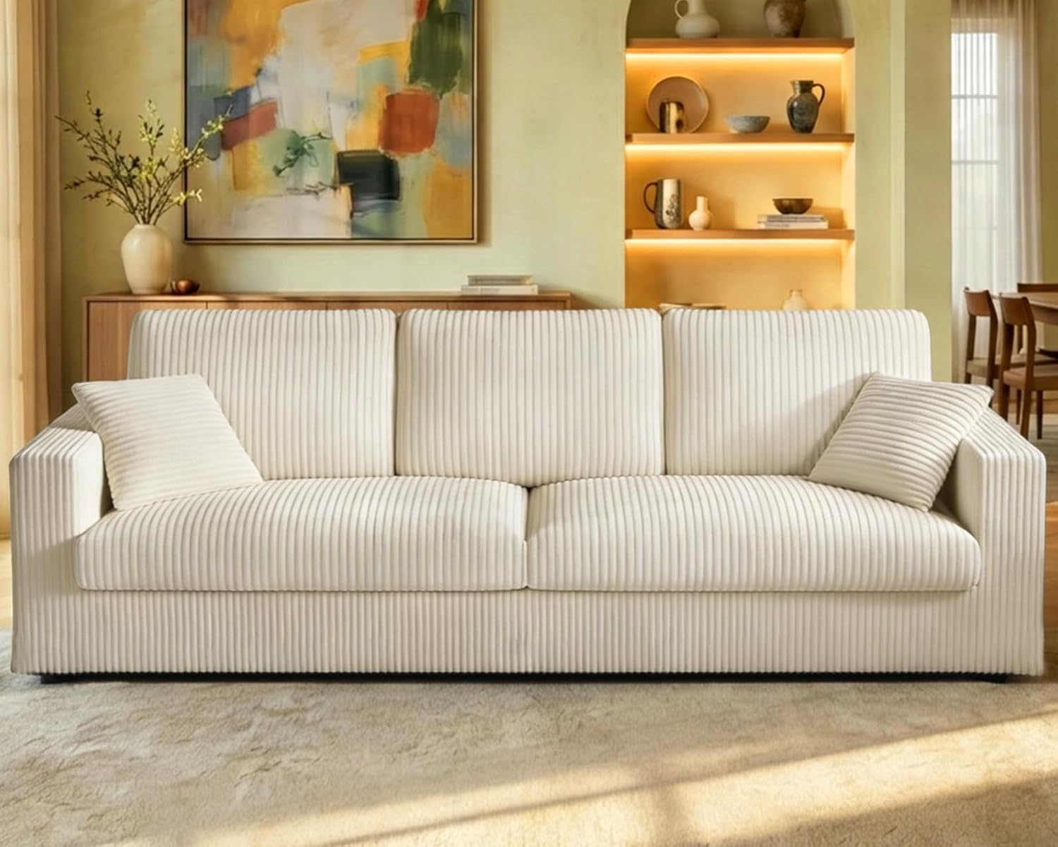 Welzona Corduroy Sofa Couch, 101' Comfy Couches for Living Room, Beige | 24' Extra Deep Seat, Tool-Free Sofas, All-Wood Loveseat, 2 Pillows Included, 850lbs Load-bearing