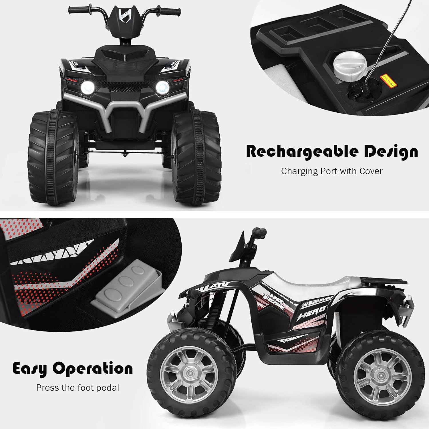 Costzon Kids ATV, 12V Battery Powered Electric Vehicle w/LED Lights, High & Low Speed, Horn, Music, USB, Treaded Tires, Ride on Car 4 Wheeler Quad for Boys & Girls Gift, Ride on ATV (Black)