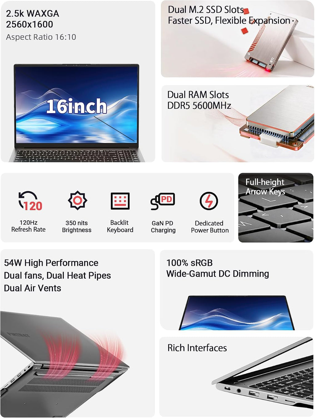 Laptop Computer Ultrabook, 16in Quad HD, 4.9GHz AMD Ryzen H 255, Radeon 780M Graphics, DDR5 5600MHz RAM, M.2 PCIe SSD, TF Card Slot, Portable Gaming/School/Business Notebook Computer【U6B】