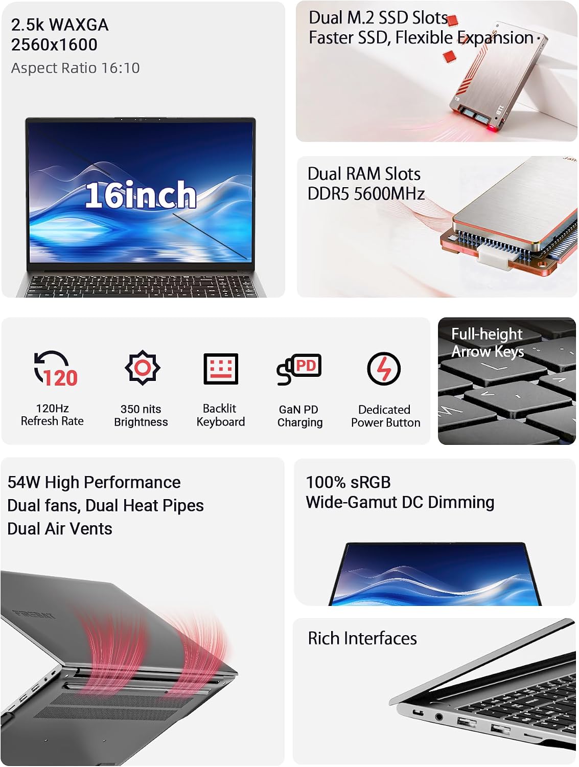 Laptop Computer Ultrabook, 16in Quad HD, 4.9GHz AMD Ryzen H 255, Radeon 780M Graphics, DDR5 5600MHz RAM, M.2 PCIe SSD, TF Card Slot, Portable Gaming/School/Business Notebook Computer【U6B】