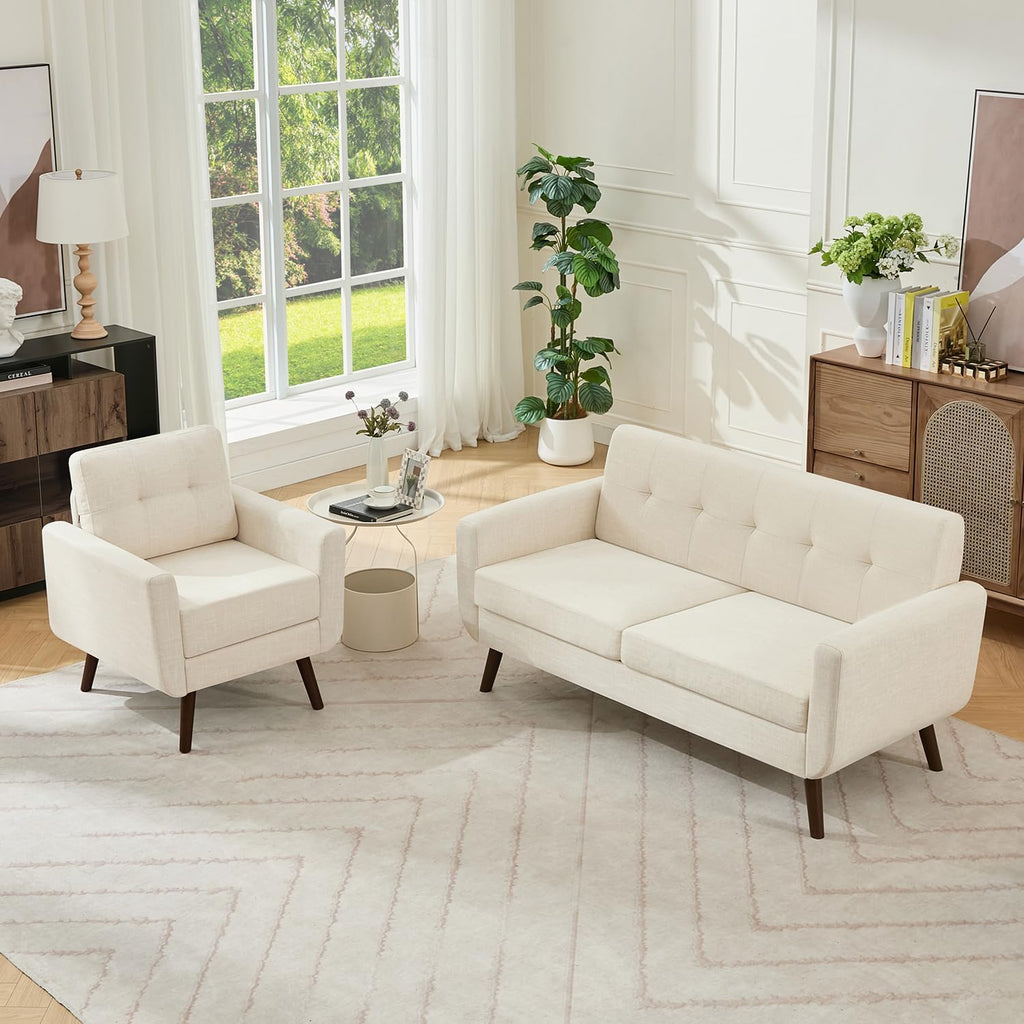 Tbfit Mid Century Modern Sofa Couch, Beige, Loveseat & Accent Chair | linen fabric, button tufted, solid wood foot, pocket spring, wood slats frame