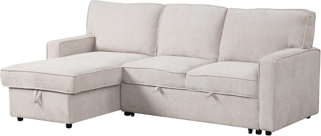 LUMISOL 89' Convertible Sleeper Sofa Bed, Modern L-Shaped Sectional Sofa with Reversible Storage Chaise, Chenille Pull Out Couch with Cup Holders & USB Charging Station for Living Room, Beige