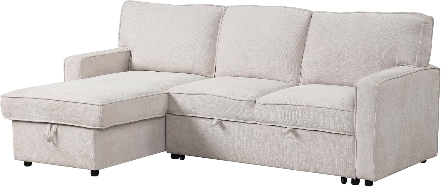 LUMISOL 89' Convertible Sleeper Sofa Bed, Modern L-Shaped Sectional Sofa with Reversible Storage Chaise, Chenille Pull Out Couch with Cup Holders & USB Charging Station for Living Room, Beige