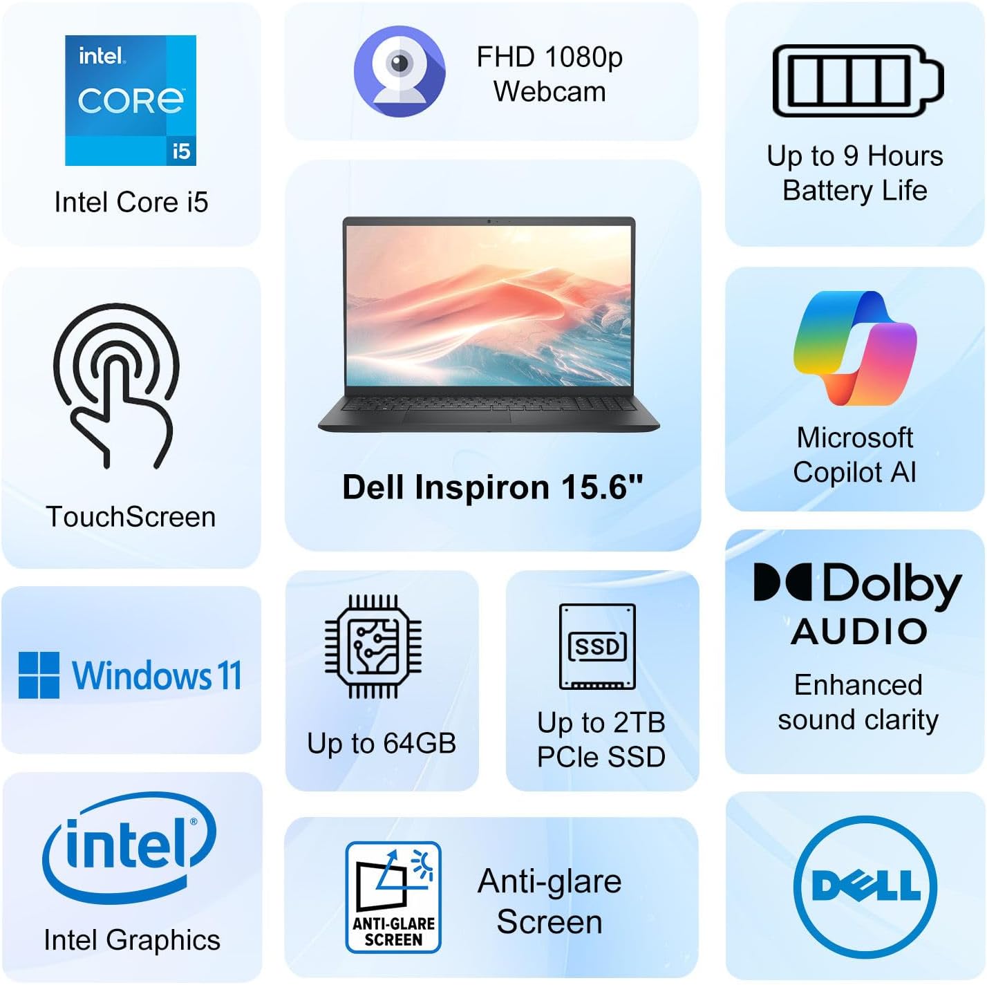 Dell 15.6' FHD Touchscreen Laptop | 13th Gen Intel Core i5-1334U | 16GB RAM | 1TB PCIe SSD | Wi-Fi 6 | 1080p Webcam | Copilot AI | HDMI | Business & Study Ready | Windows 11