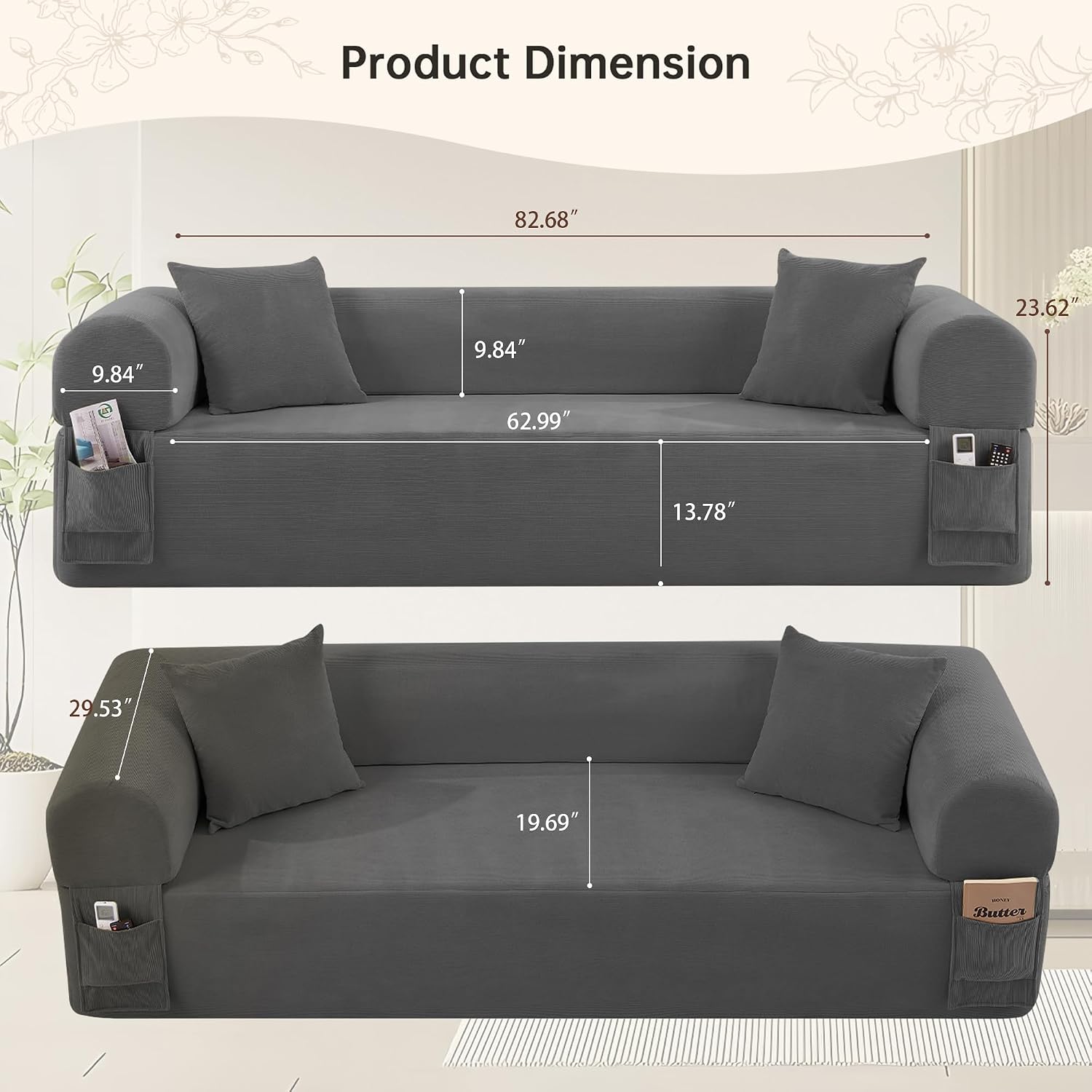 83'' Boneless Sofa in A Box, 3-Seater Floor Sofa No Assembly Corduroy Couch for Living Room, Cloud Couch with 2 Pillows & Storage Bag, Memory Foam Small Floor Couches for Office, Dark Gray