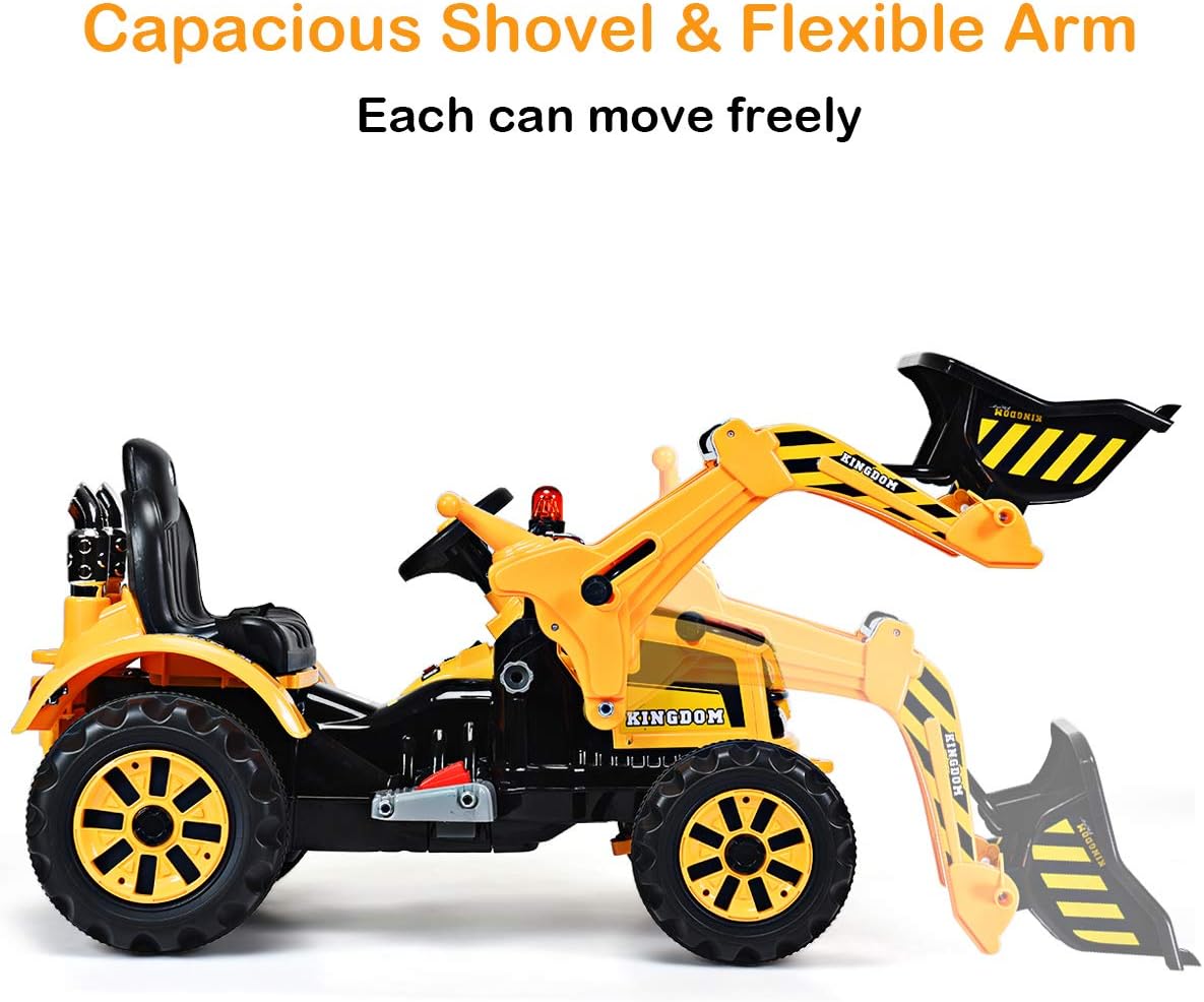 Costzon Ride on Excavator, 12V Battery Powered Construction Vehicles for Kids with Front Loader, Horn, Safety Belt, Treaded Wheels, Ride on Bulldozer Truck, Excavator Ride on Toy Gift for Boys Girls