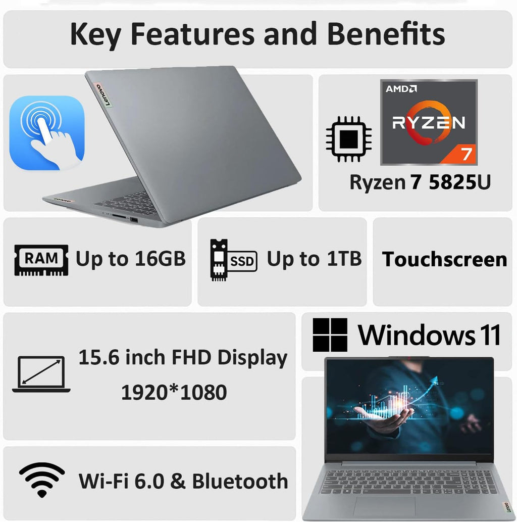 Lenovo Slim 3 Business Laptop | 15.6' FHD Touchscreen | AMD Ryzen 7 5825U | 16GB RAM | 1TB Storage(512GB PCIe SSD+500GB External Drive) | SD Card Reader | Windows 11 Home | WOWPC 3-in-1 Bundle