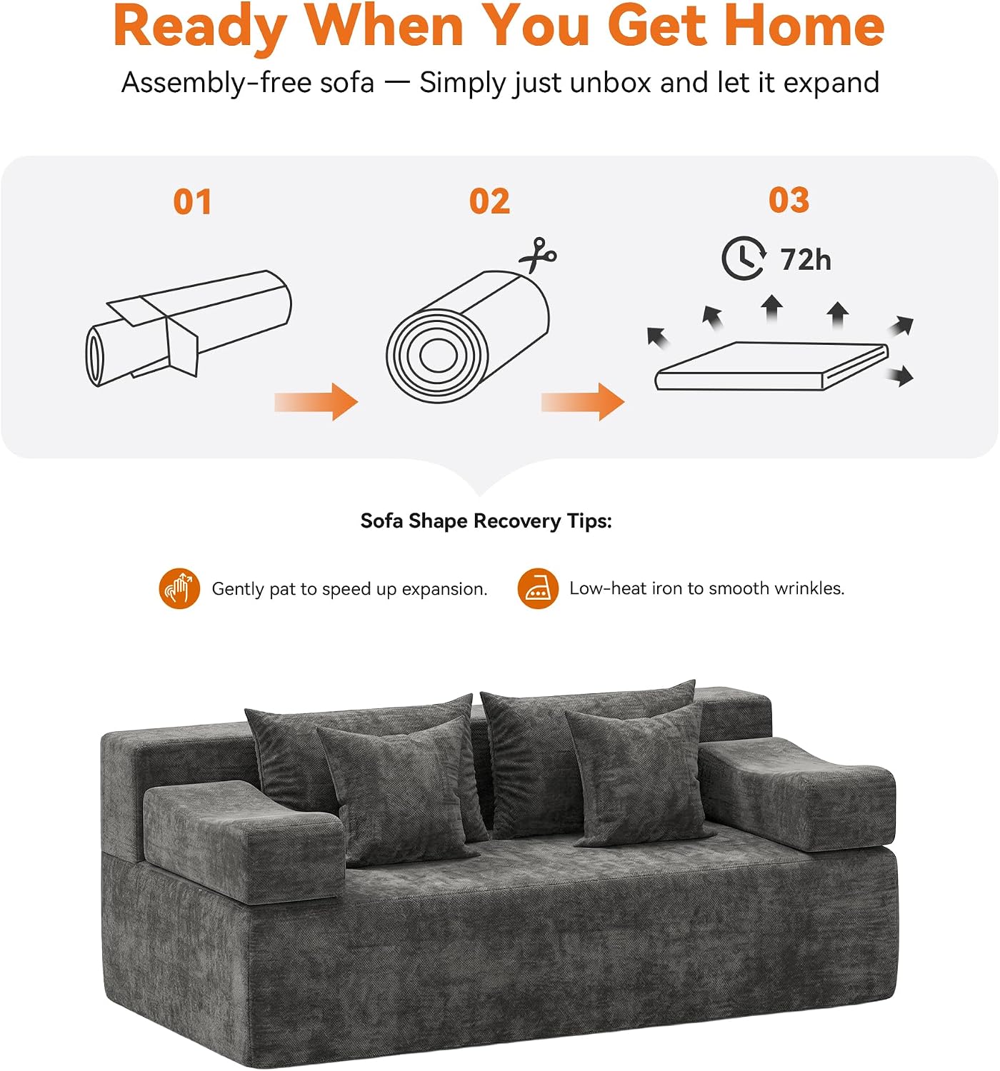 MONVANE 70' Loveseat Sofa with Removable Armrests, Comfy Chenille Cloud Couch with 4 Pillows, Modern Deep Seat Boneless Couch, 2 Seater Sofa for Living Room, No Assembly Required, Grey