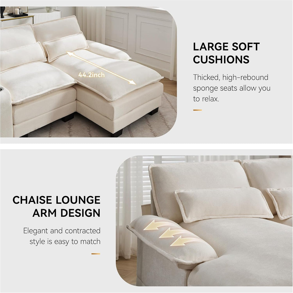 125'' U Shaped Cloud Modular Sectional Sofa with Chaise Lounges, Chenille Upholstered Comfy Couch with Storage Console, USB Charging Ports & Cup Holders, Small Deep Seat Sofa for Living Room, Beige