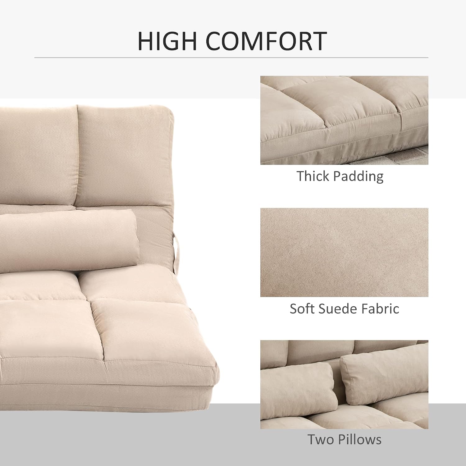 HOMCOM Convertible Floor Sofa Chair, Folding Couch Bed, Guest Chaise Lounge with 2 Pillows, Adjustable Backrest and Headrest, 51.25' L, Beige