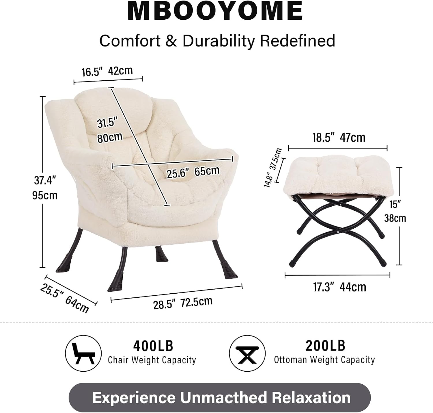 MBOOYOME Lazy Chair with Ottoman, Modern Accent Lounge Armchair with Side Pocket & Foldable Footstool, Leisure Reading Chair for Living Room, Bedroom, Dorm & Office, Plush Beige