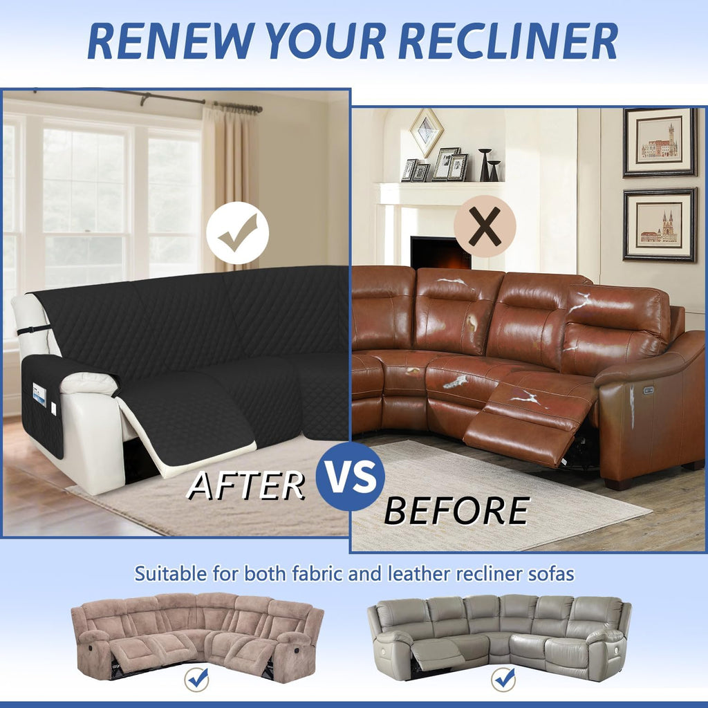 Arfntevss Recliner Sectional Couch Covers 1OO% Waterproof L Shape Sofa Cover for Reclining L Shaped Sectional Slipcover Set for Dog Washable Corner Non Slip Furniture Protector (5 Seater, Black)