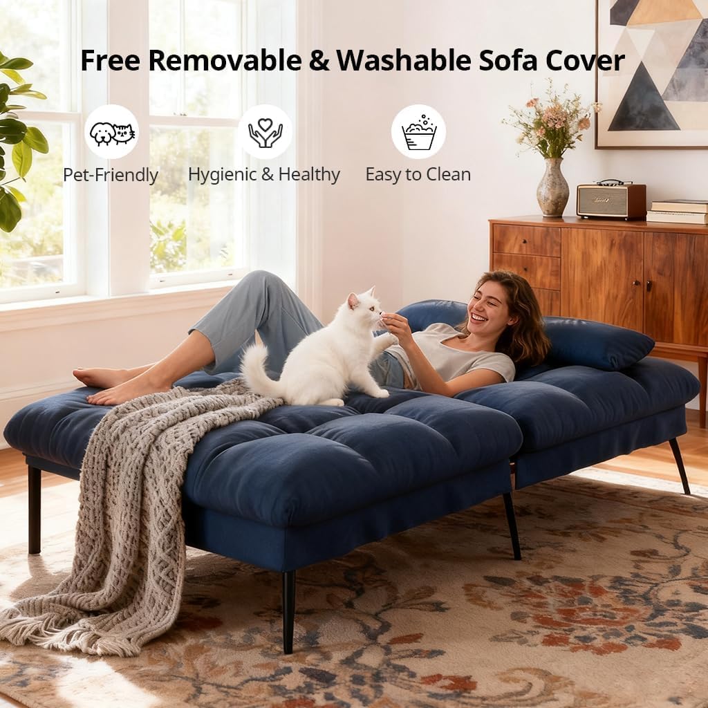 COMHOMA 72″ Futon Sofa Bed,Convertible Fabric Futons Couch with Adjustable Backrest, Folding Sleeper Recliner for Living Room Furniture (Blue)