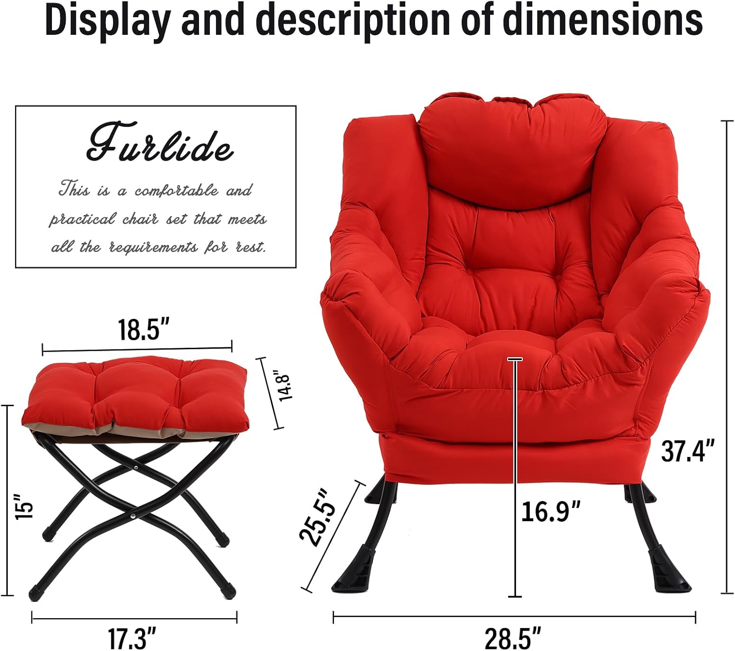Furlide Lazy Chair with Ottoman, Modern Accent Chair with Armrests and a Side Pocket, Red Accent Chairs, Comfortable Reading Chairs, Oversized Armchairs for Bedroom, Study, Living Room, Courtyard