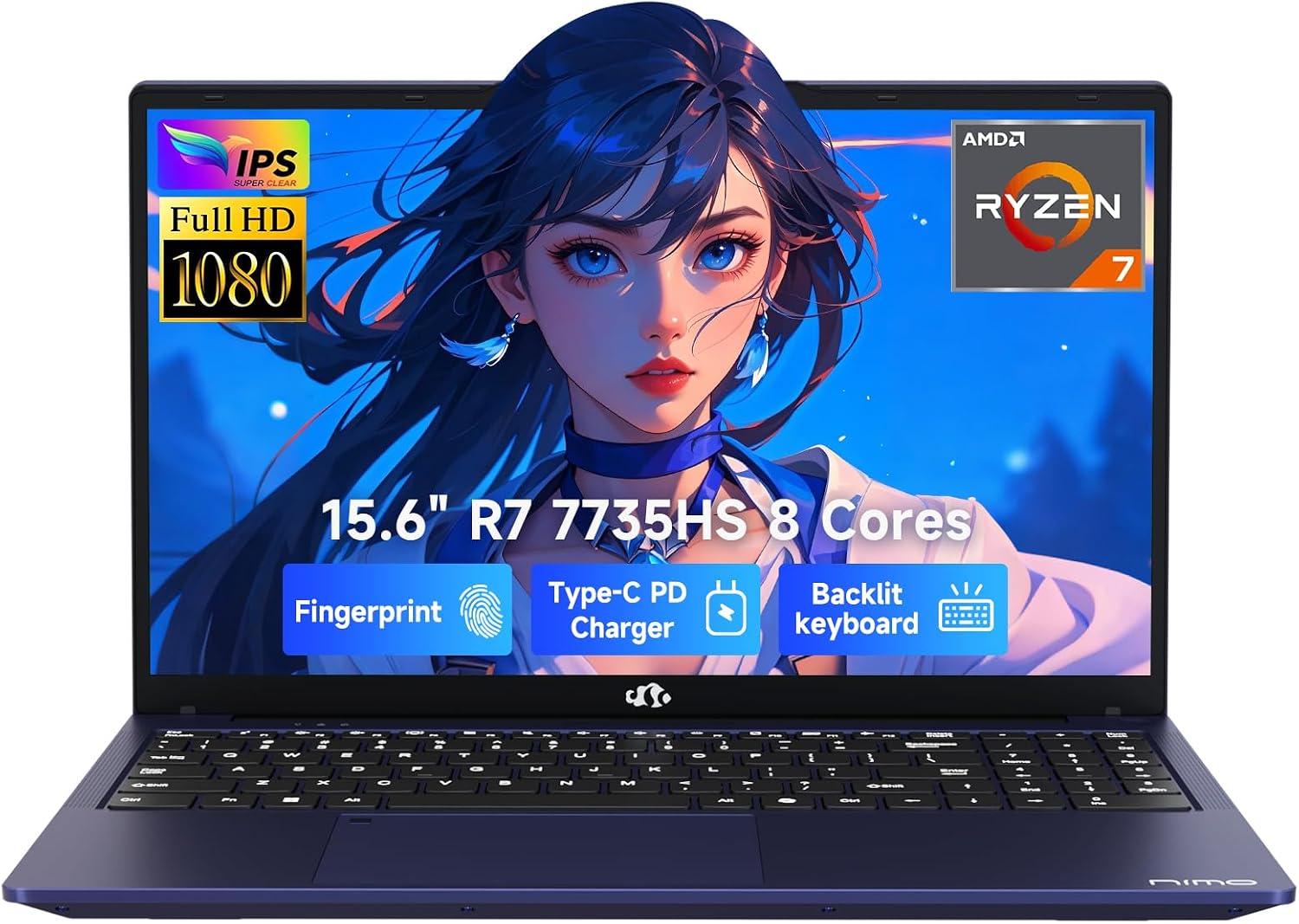 NIMO 15.6' IPS FHD Gaming-Laptop, AMD Ryzen 7 7735HS 16GB DDR5 RAM 1TB SSD (8C/16T, Up to 4.75GHz) Business-Computer with Radeon 680M Graphics 100W Type-C Backlit Keyboard Fingerprint