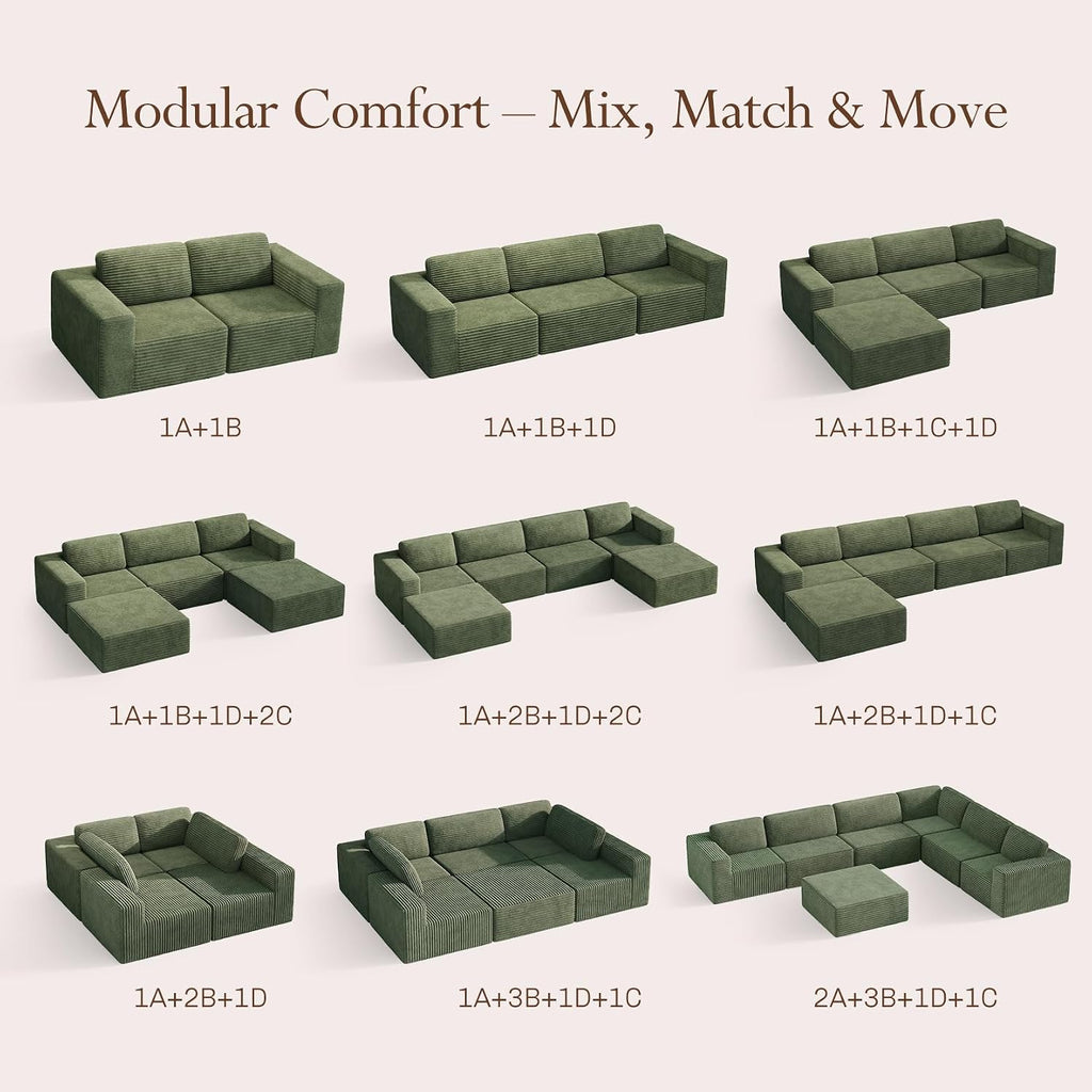 Vesgantti 119' L-Shaped Modular Sectional Sofa, Corduroy Cloud Couch with Deep Seating & Spring Support, Flexible Layout Sofa with Ottoman, Boneless Style, No Assembly Required, Green