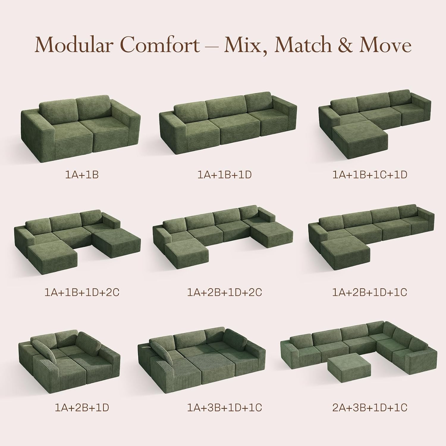 Vesgantti 119' L-Shaped Modular Sectional Sofa, Corduroy Cloud Couch with Deep Seating & Spring Support, Flexible Layout Sofa with Ottoman, Boneless Style, No Assembly Required, Green