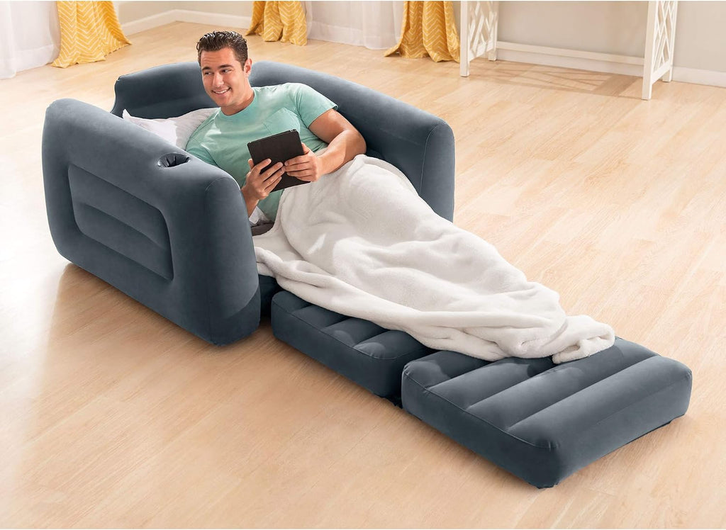 Intex 2 in 1 Inflatable Pull Out Sofa Chair and Twin Air Bed Mattress with Cup Holders for Indoor and Outdoor Use for Adults (3 Pack), Charcoal